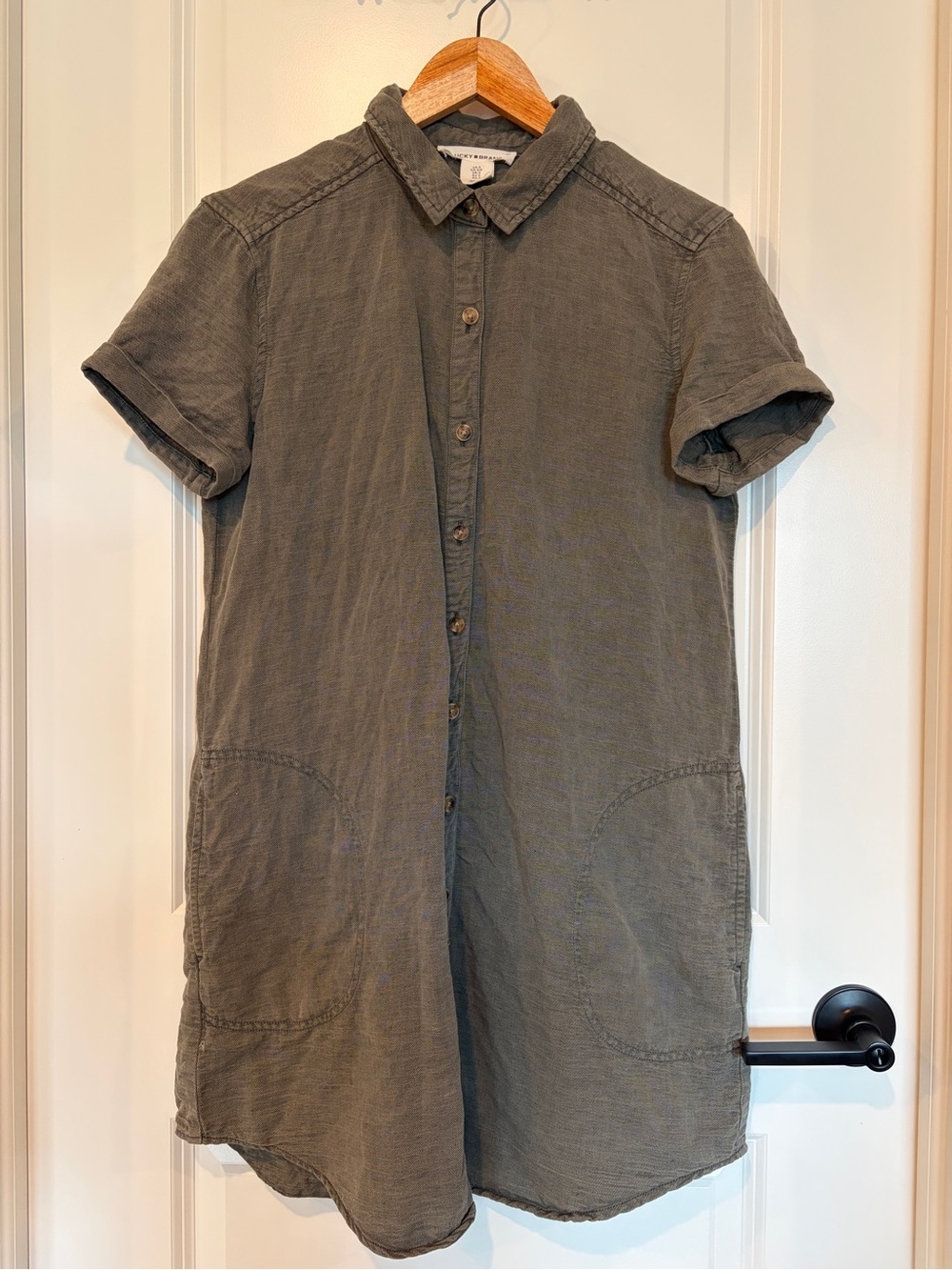 Lucky Brand Linen Blend Short Sleeve Button Down Shirt Dress Olive Gray Green S